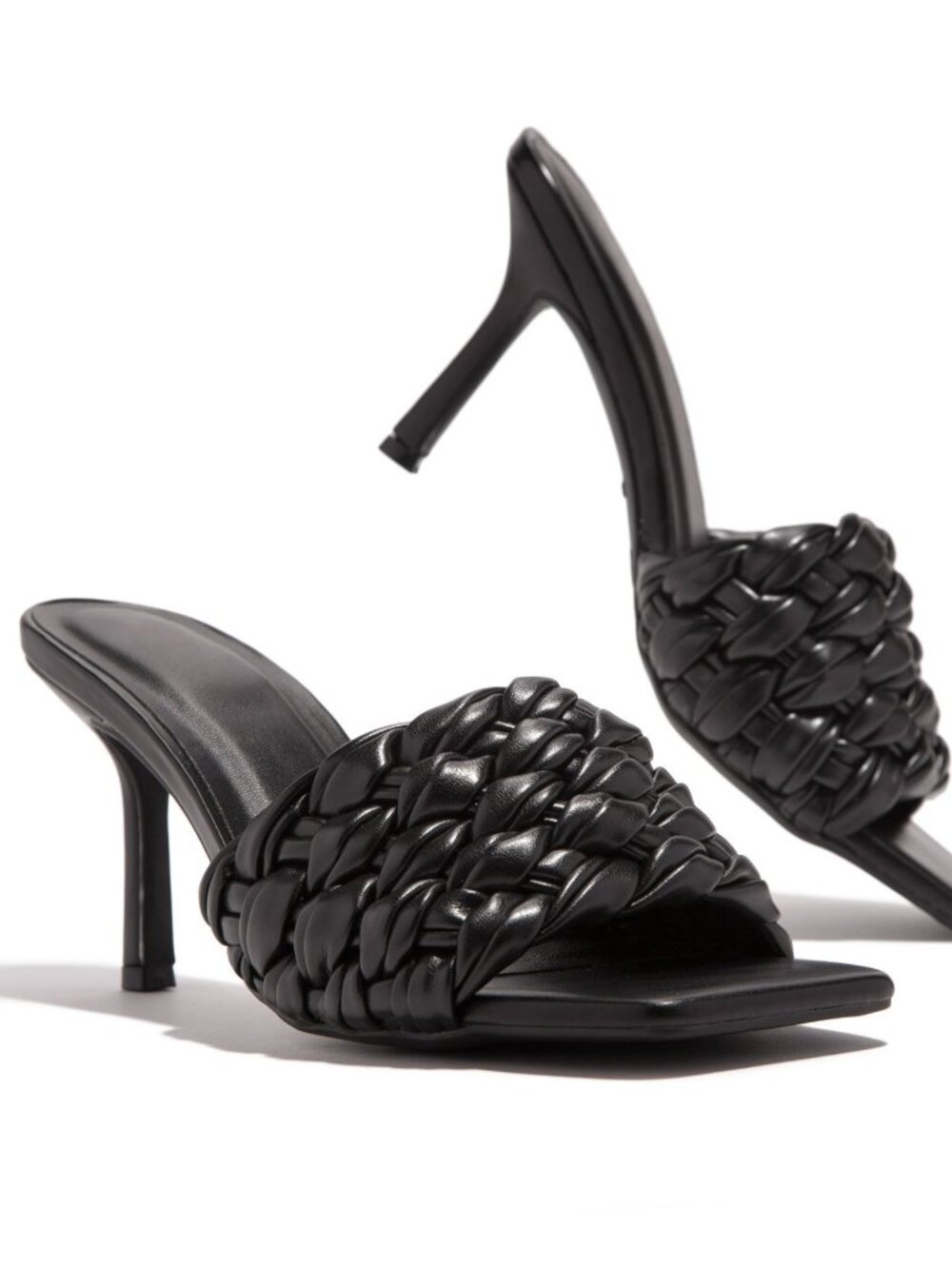 NEW🔥 Black Open Toe Braided Woven Band Stiletto Heel Slide Mules Sandal Slip-On - Picture 4 of 7